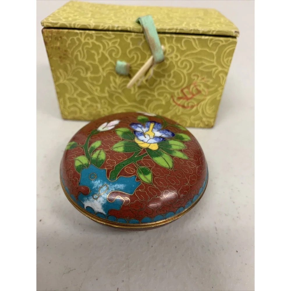 Antique Chinese Green Cloisonné ‎ Trinket Vanity Dresser Box Lidded Jar Enamel